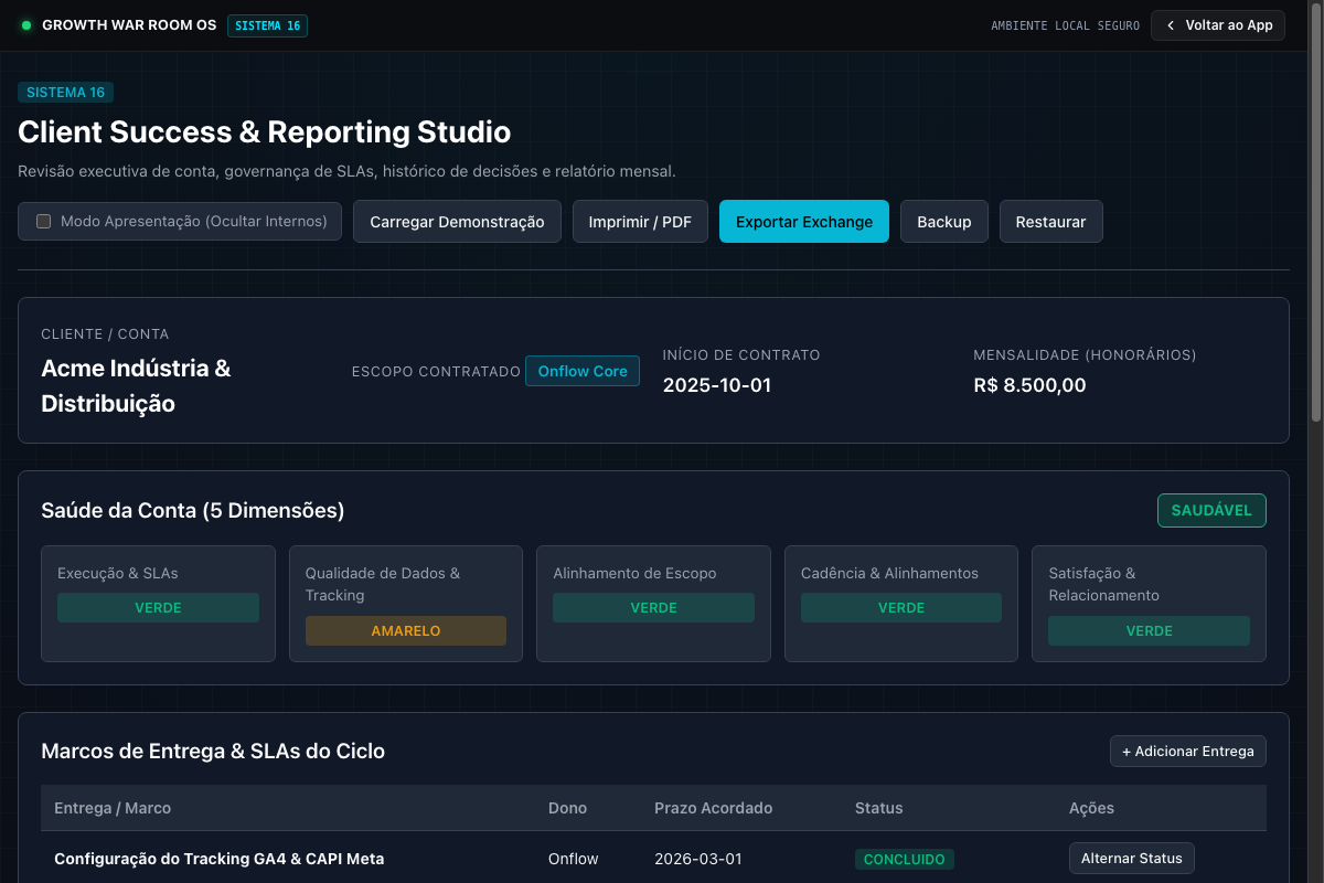 Interface real do Client Success Reporting Studio