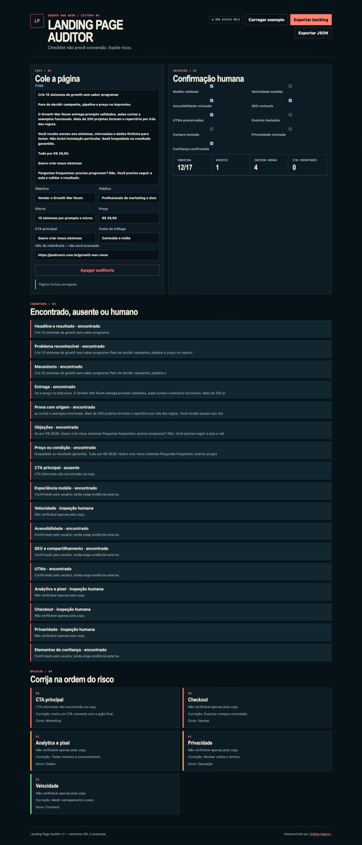 Interface real do Landing Page Auditor