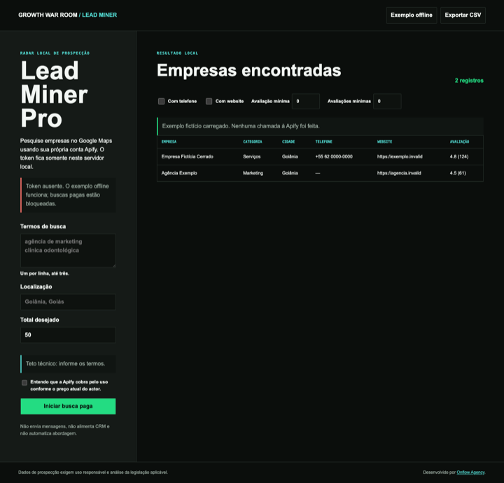 Interface real do Lead Miner Pro para enriquecimento e extração de leads B2B